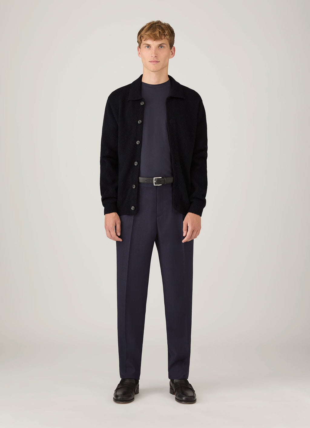 Men's Lambswool Cardigan in Dark Navy Mouline