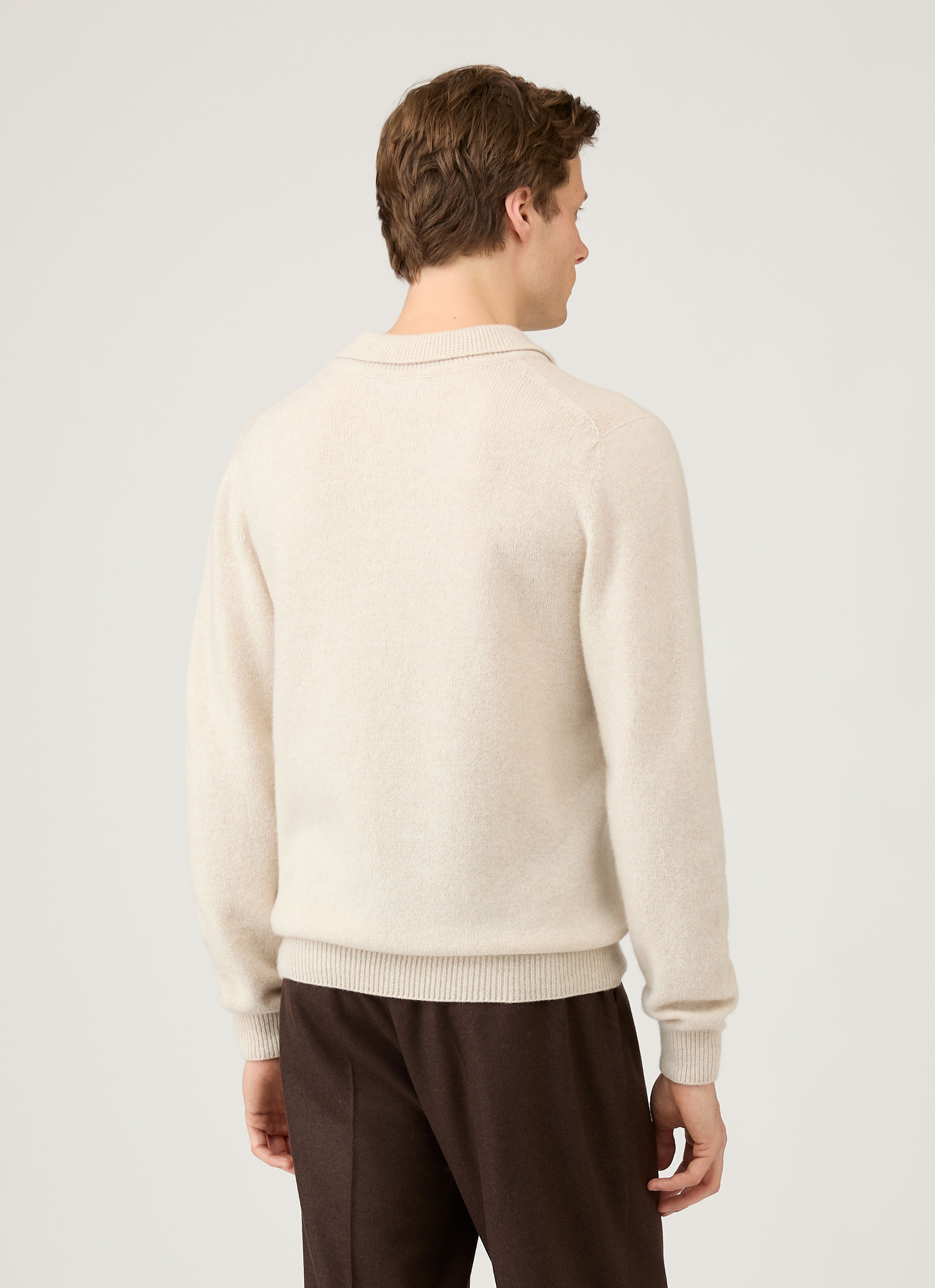 Men's Lambswool Knitted Polo Shirt in Oatmeal Melange